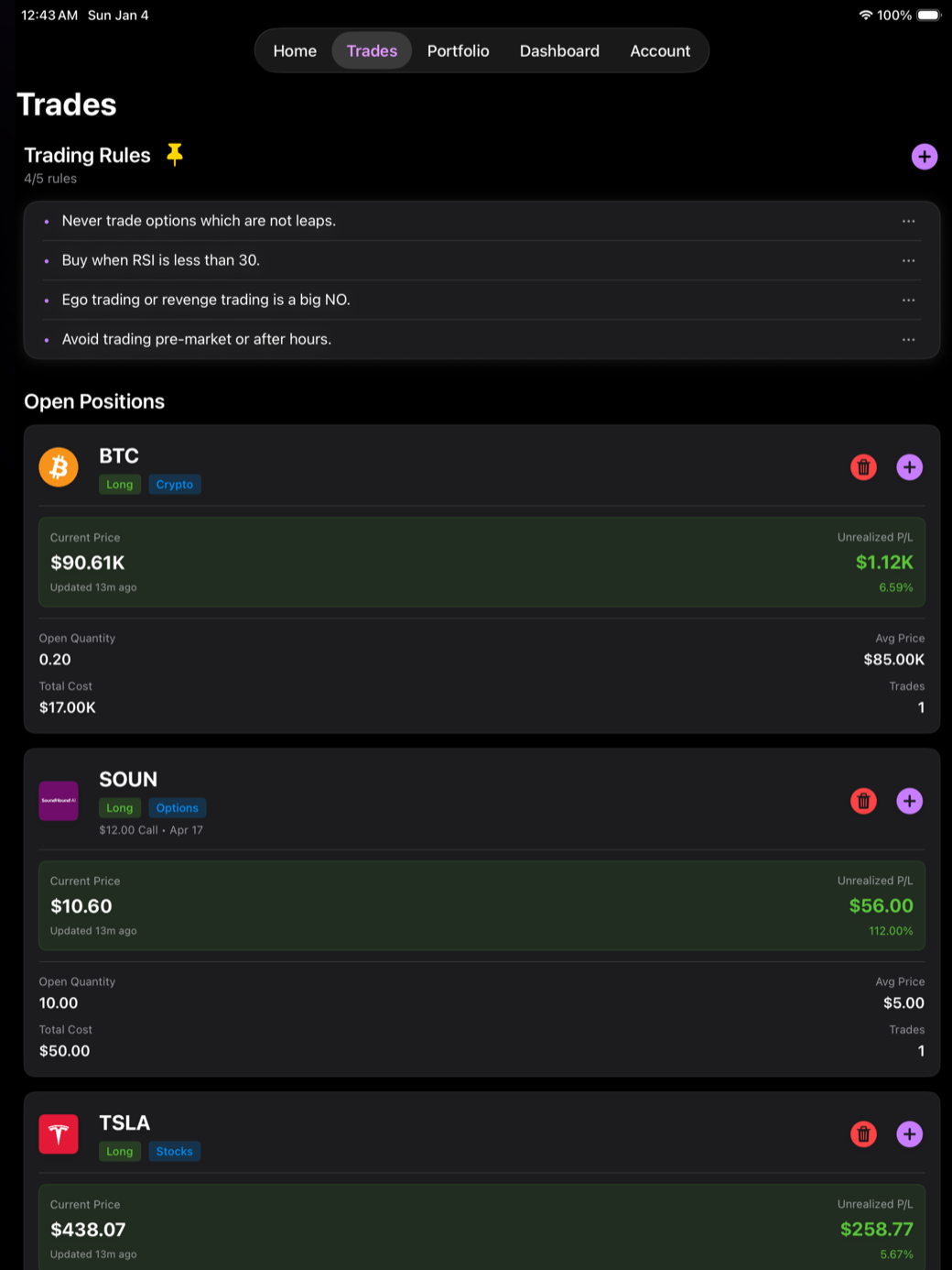 TradeZap optimized for iPad with full-screen trading dashboard and analytics